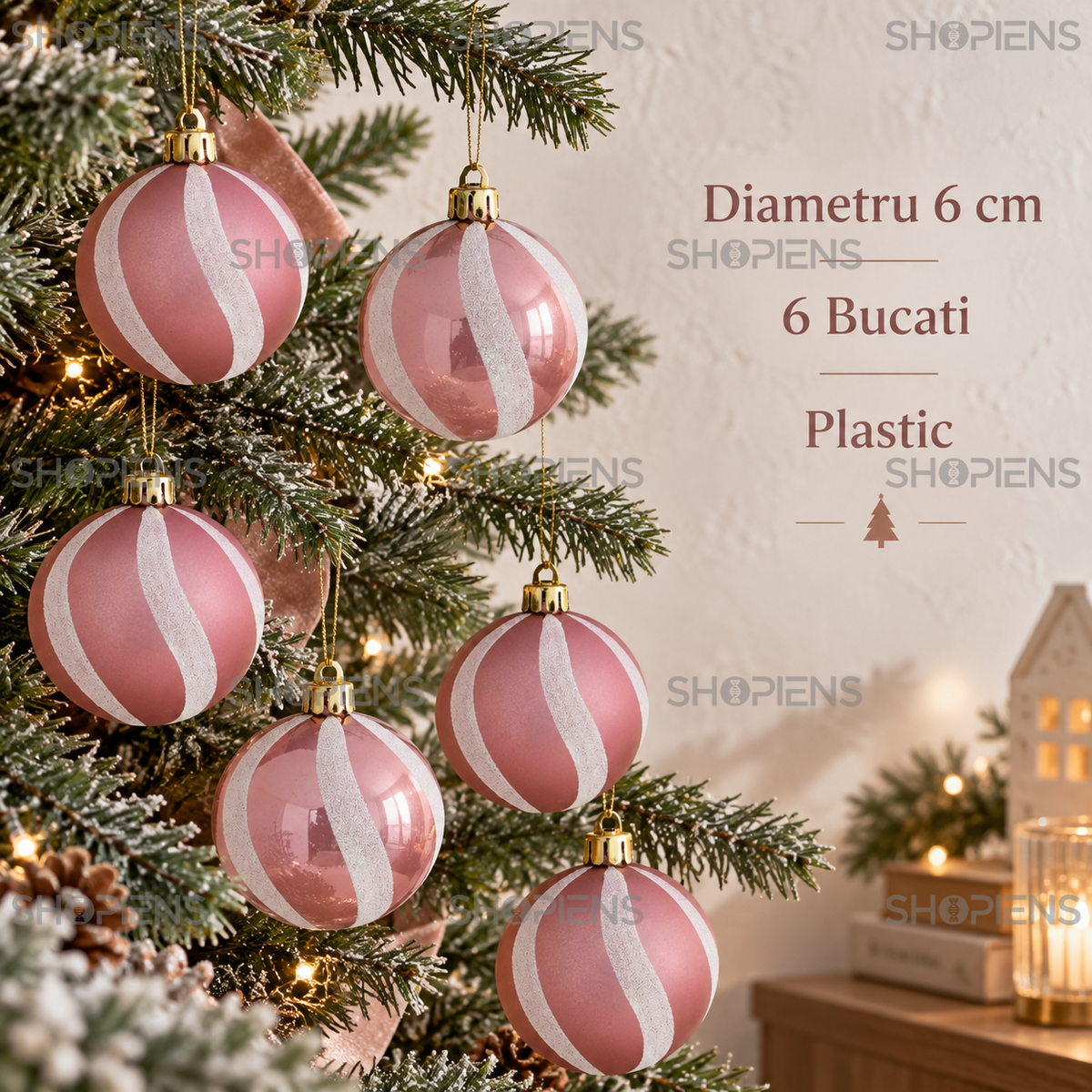 Set 6 Globuri Roz Cu Dungi Albe Glitter 6 Cm - specificatii - Shopiens
