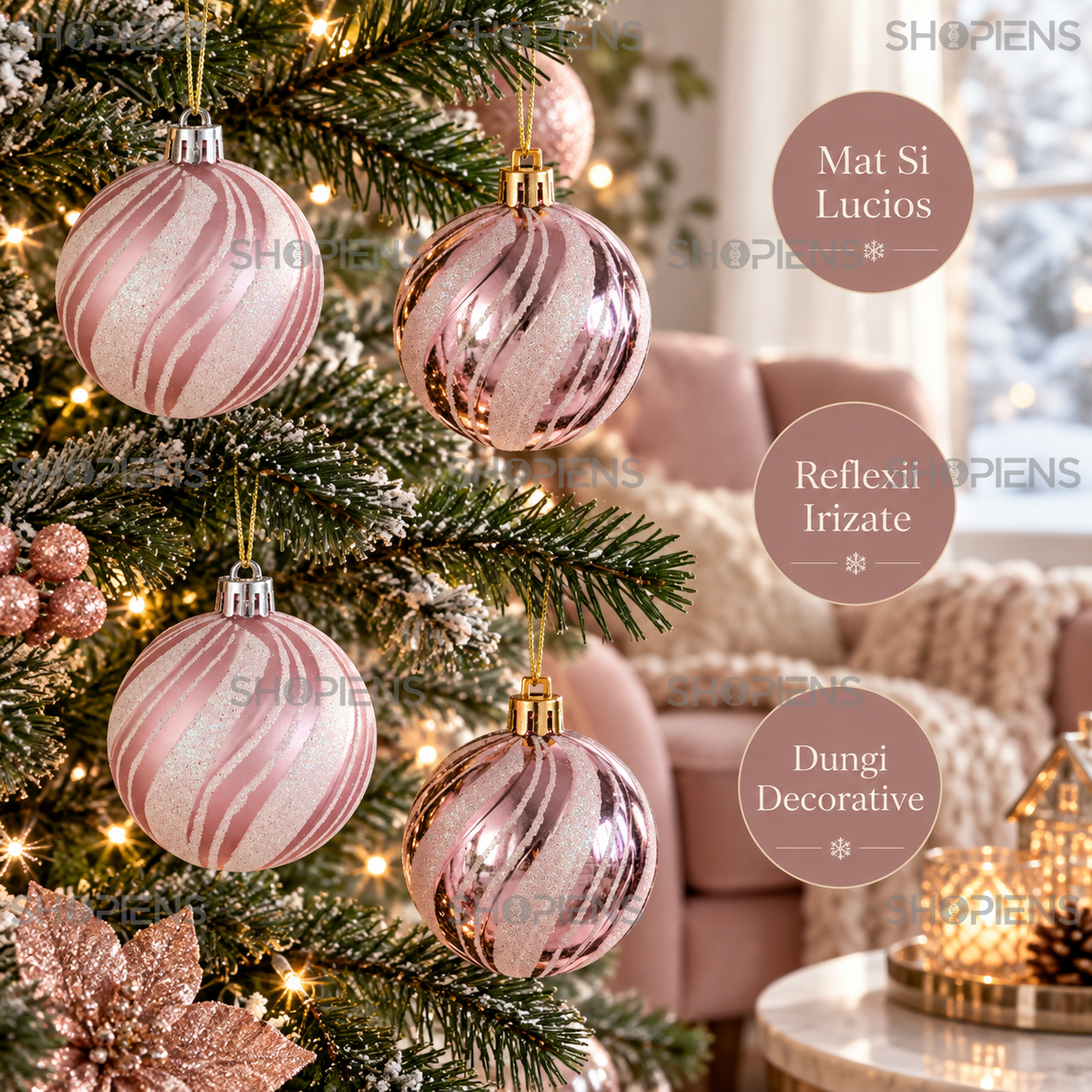 Set 6 Globuri Roz Mat Si Lucios Cu Dungi Irizate 6 Cm - avantaje - Shopiens