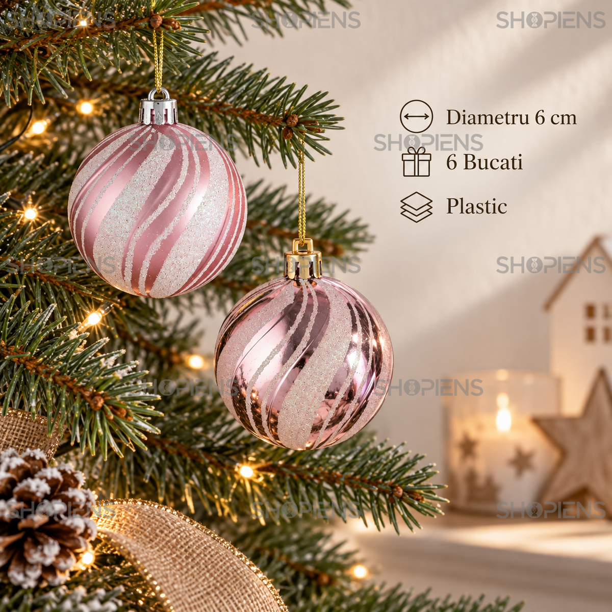 Set 6 Globuri Roz Mat Si Lucios Cu Dungi Irizate 6 Cm - specificatii - Shopiens