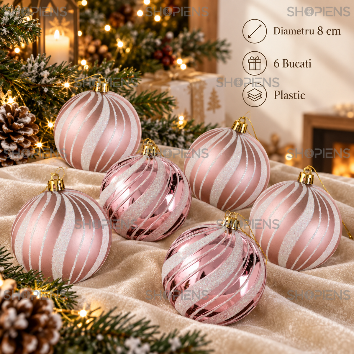 Set 6 Globuri Roz Mat Si Lucios Cu Dungi Irizate 8 Cm - specificatii - Shopiens