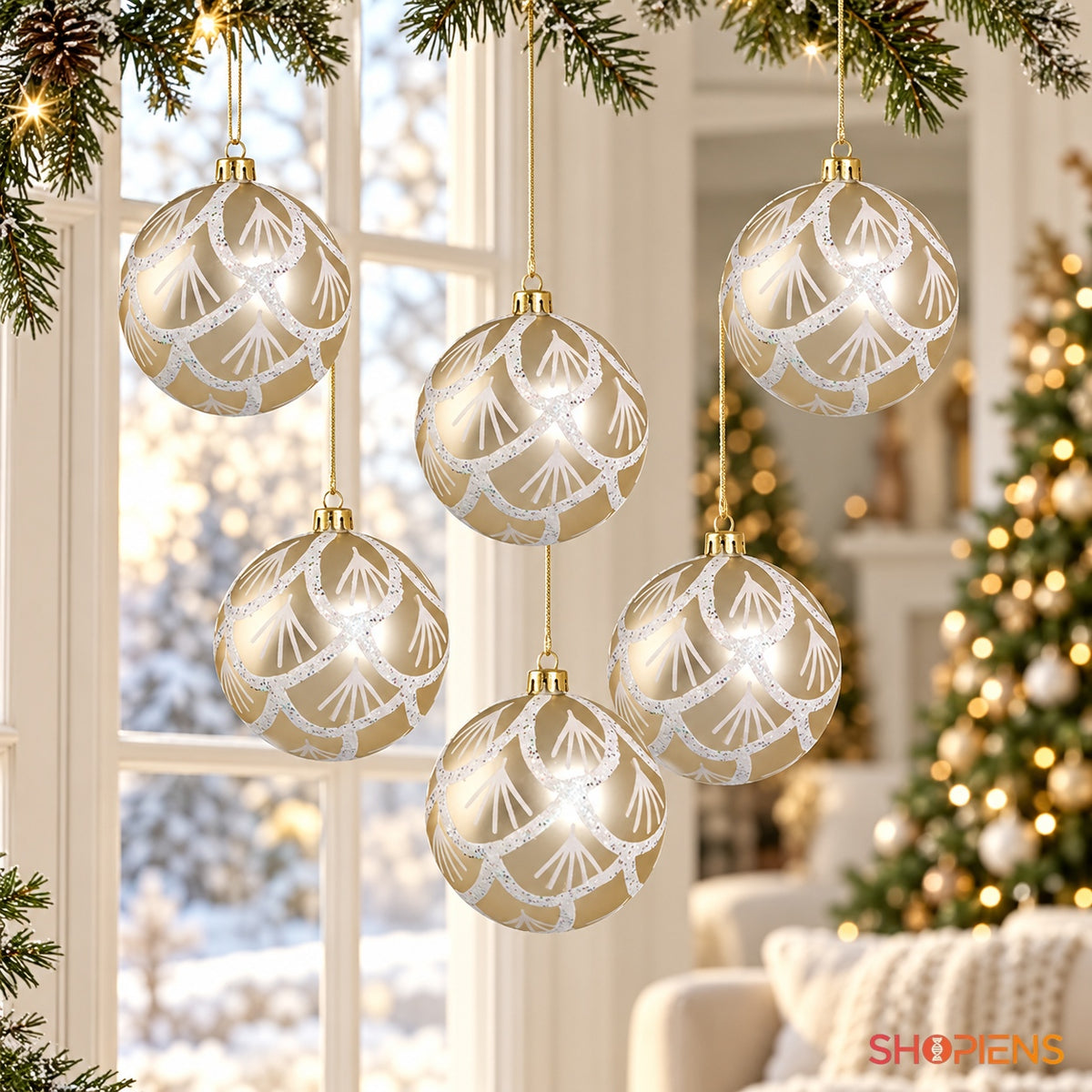 Set 6 globuri șampanie cu model holografic, Ø10 cm, în decor de Crăciun, decor neinclus | Shopiens®