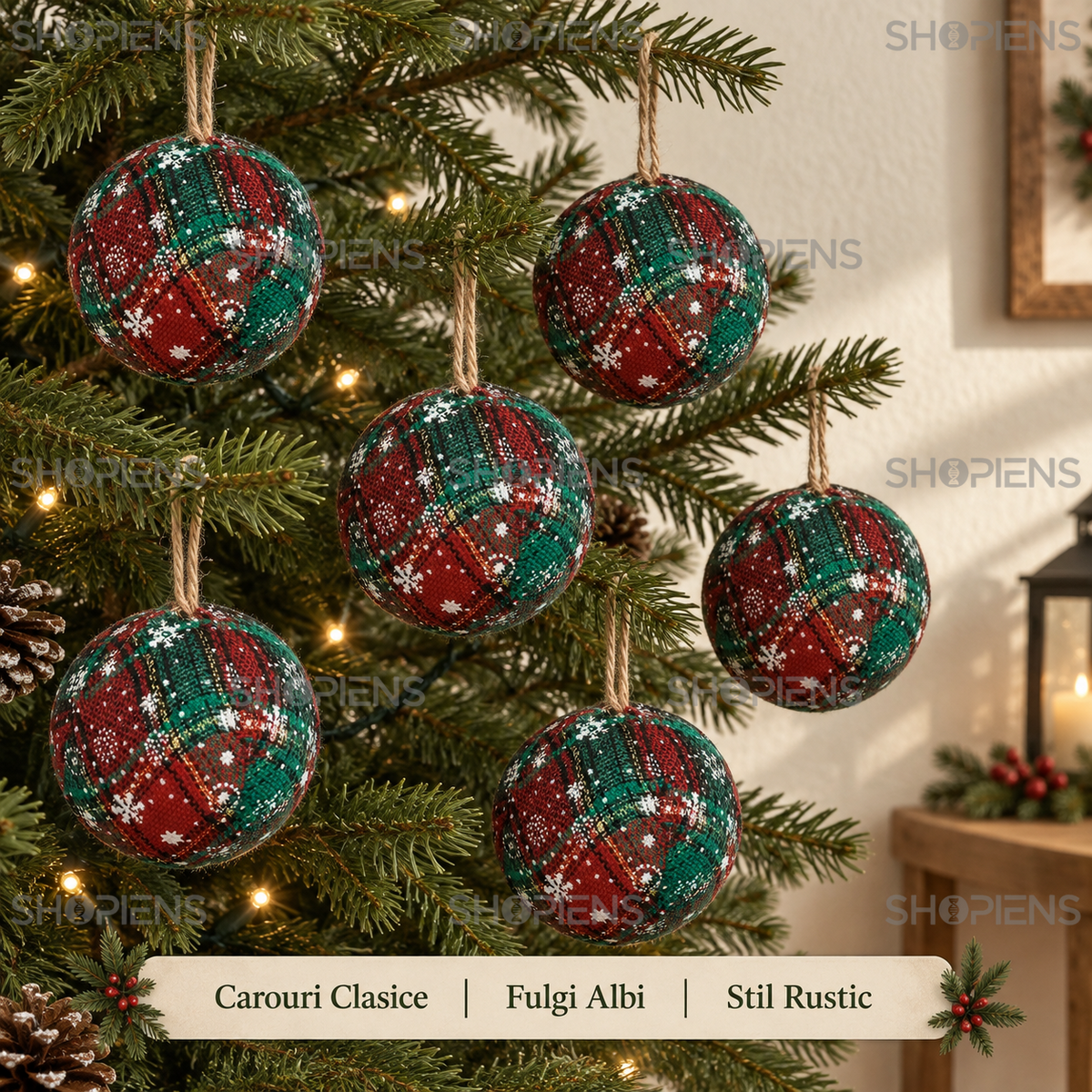 Set 6 Globuri Tartan Cu Fulgi Albi, 8 Cm - avantaje - Shopiens