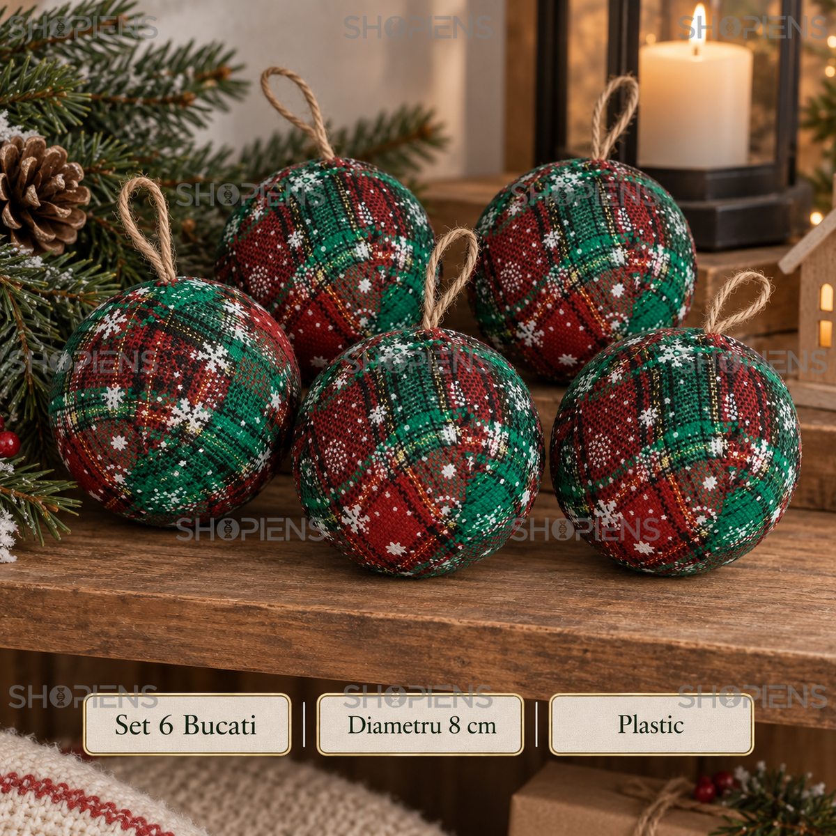 Set 6 Globuri Tartan Cu Fulgi Albi, 8 Cm - specificatii - Shopiens