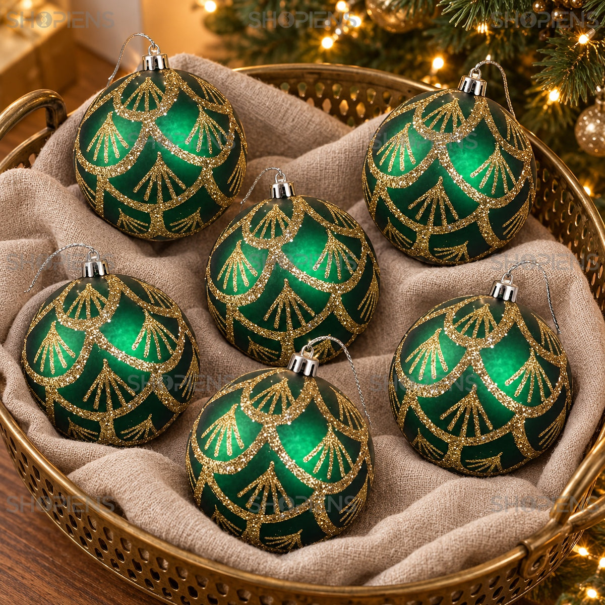 Set 6 globuri verzi cu arcade aurii, Ø10 cm, aranjament festiv, decor neinclus | Shopiens®