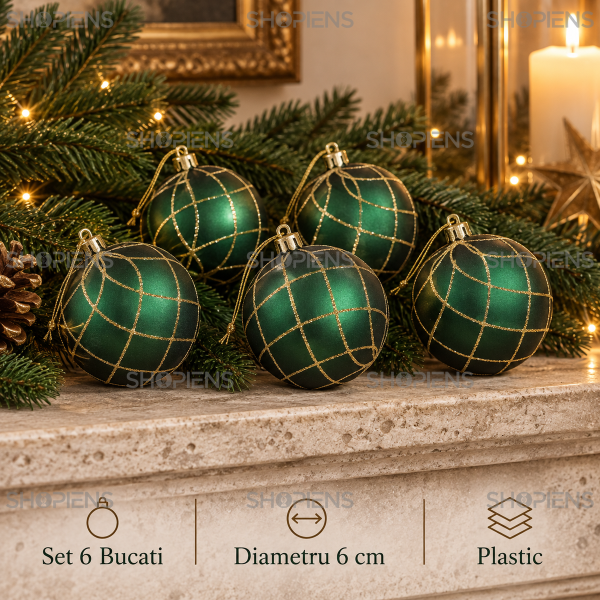 Set 6 Globuri Verzi Cu Carouri Aurii, 6 Cm - specificatii - Shopiens