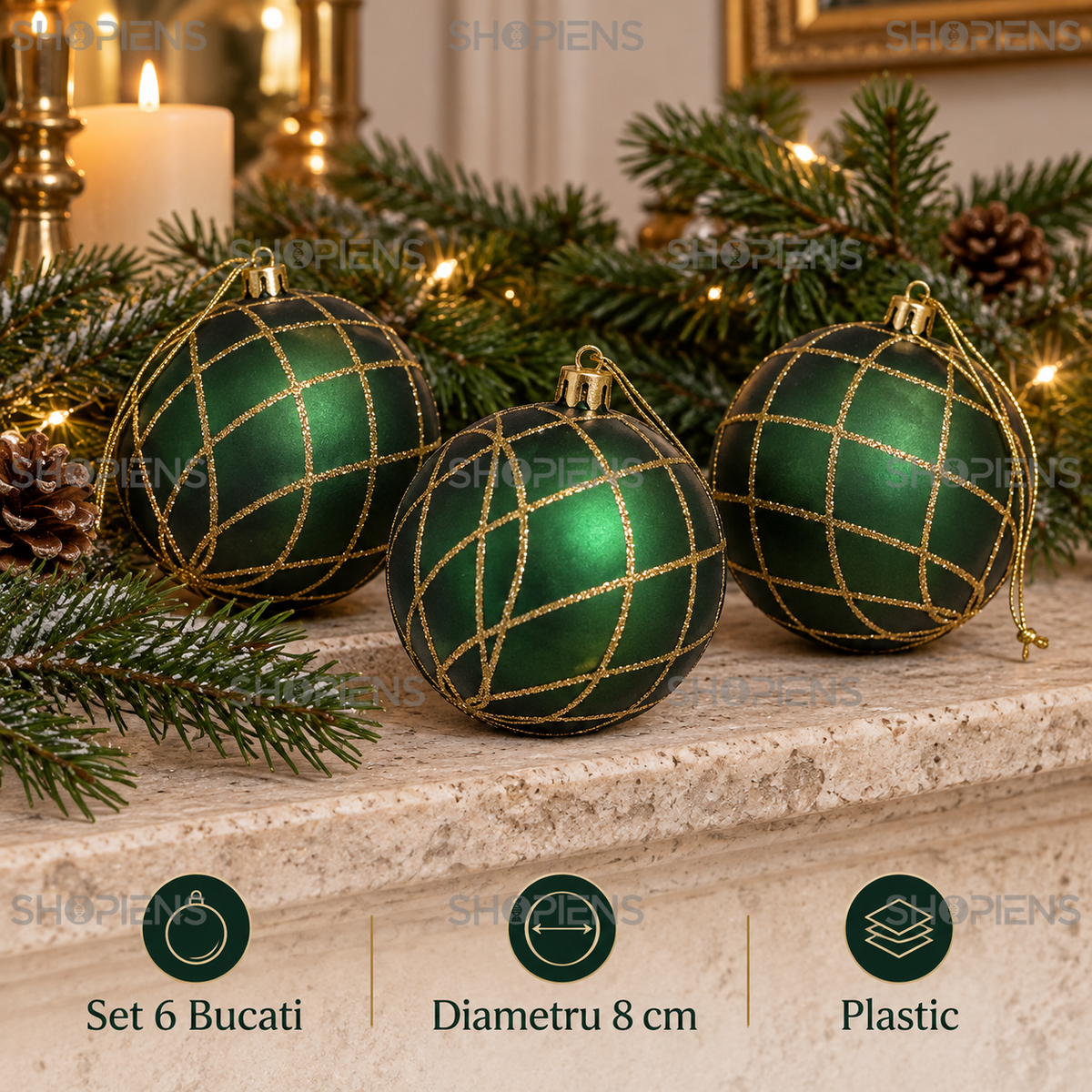 Set 6 Globuri Verzi Cu Carouri Aurii, 8 Cm - specificatii - Shopiens