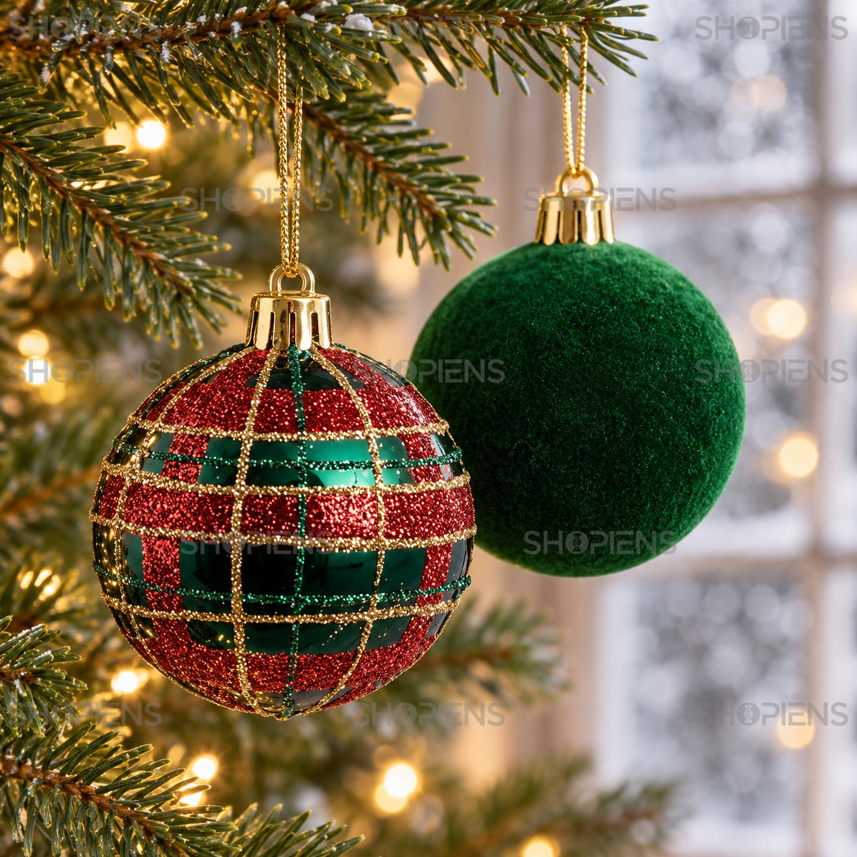 Set 6 globuri verzi catifelate și în carouri, Ø6 cm, detaliu apropiat, decor neinclus | Shopiens®