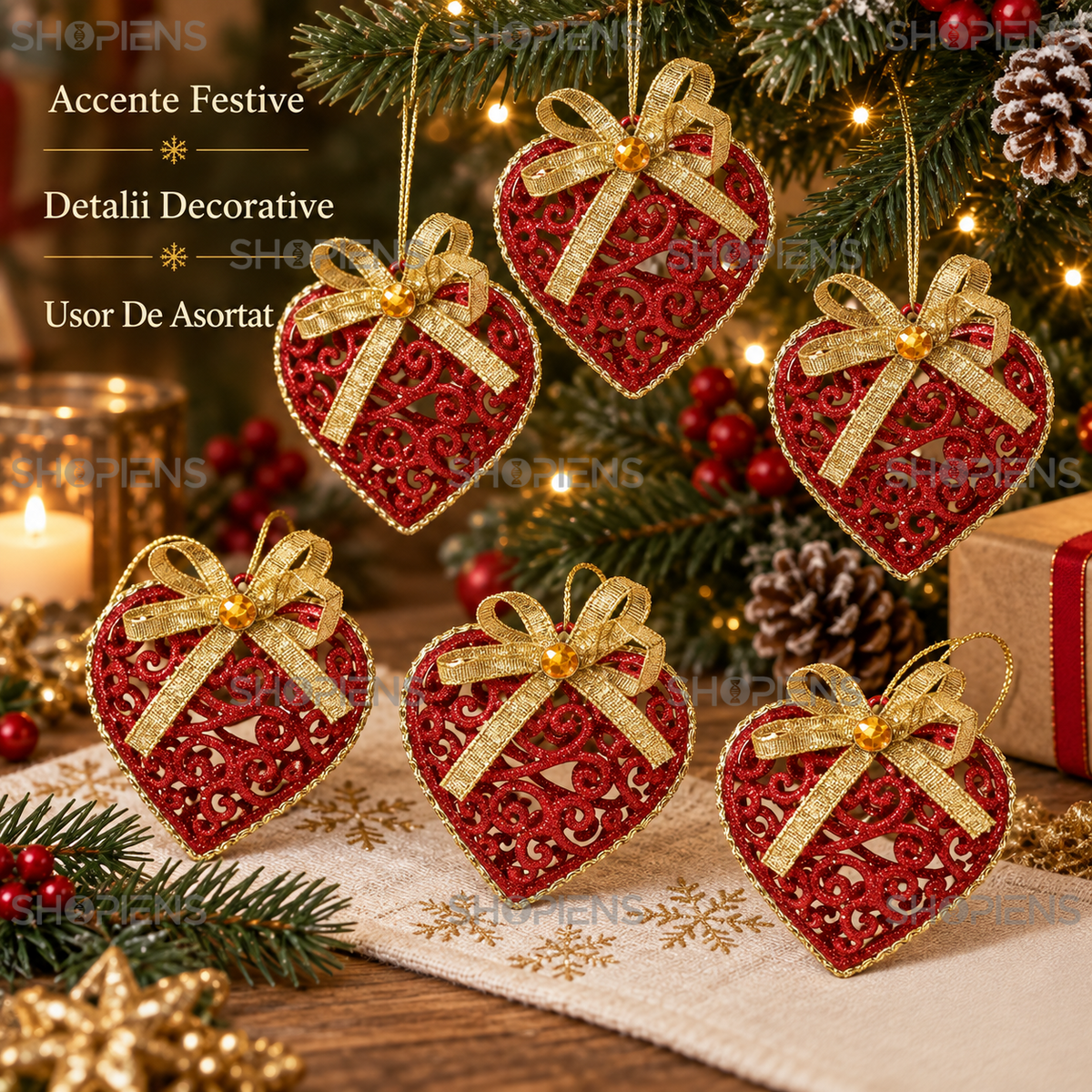 Set 6 Inimi Ajurate Rosii Cu Funda Aurie, 6 Cm - avantaje - Shopiens