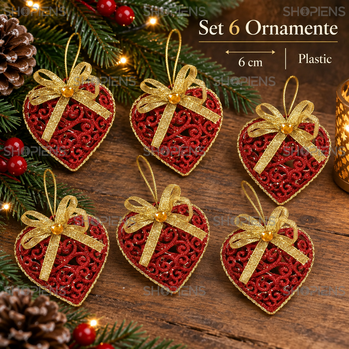 Set 6 Inimi Ajurate Rosii Cu Funda Aurie, 6 Cm - specificatii - Shopiens