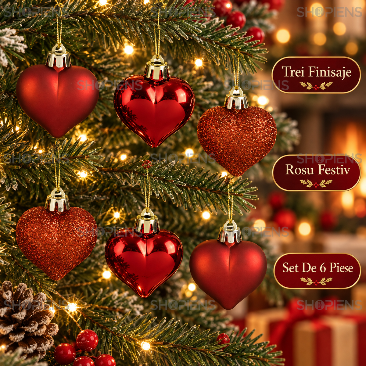 Set 6 Inimi Rosii Pentru Brad, Trei Finisaje, 5 Cm - avantaje - Shopiens