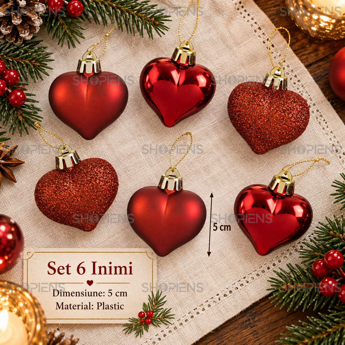 Set 6 Inimi Rosii Pentru Brad, Trei Finisaje, 5 Cm - specificatii - Shopiens