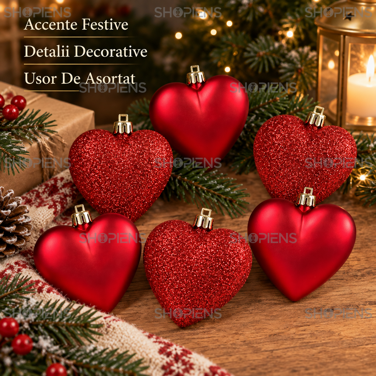 Set 6 Inimi Rosii Mate Si Cu Glitter Pentru Brad, 7 Cm - avantaje - Shopiens