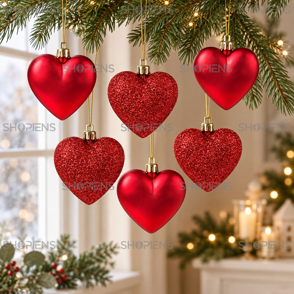 Set 6 Inimi Rosii Mate Si Cu Glitter Pentru Brad, 7 Cm - in folosinta 2 - Shopiens