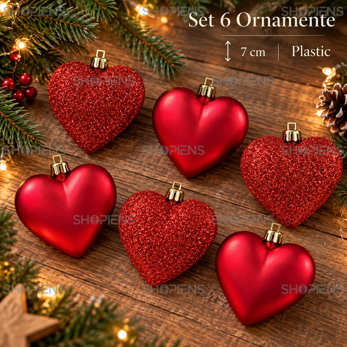 Set 6 Inimi Rosii Mate Si Cu Glitter Pentru Brad, 7 Cm - specificatii - Shopiens