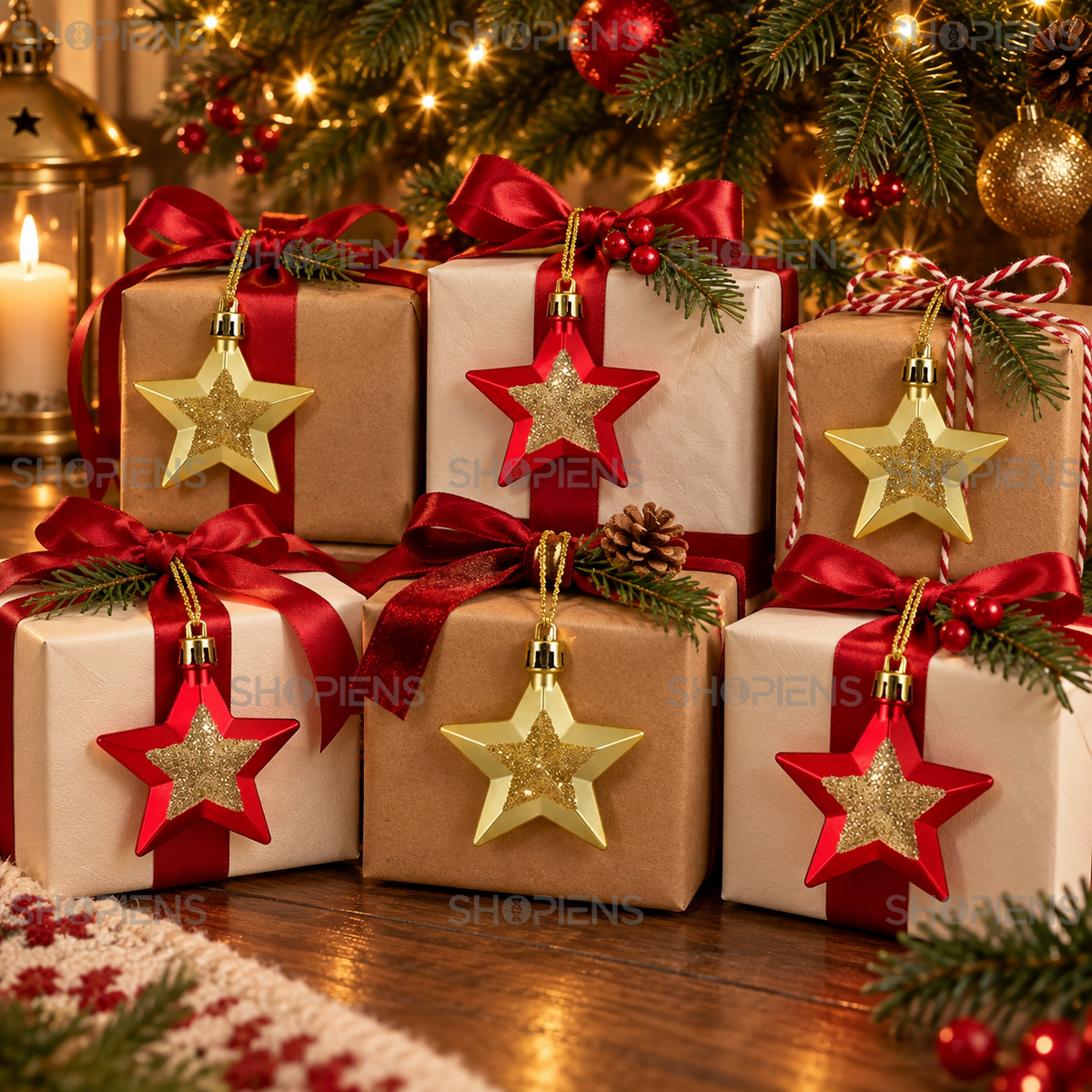 Set 6 Stele Rosii Si Aurii Cu Glitter Pentru Brad, 6 Cm - in folosinta 2 - Shopiens