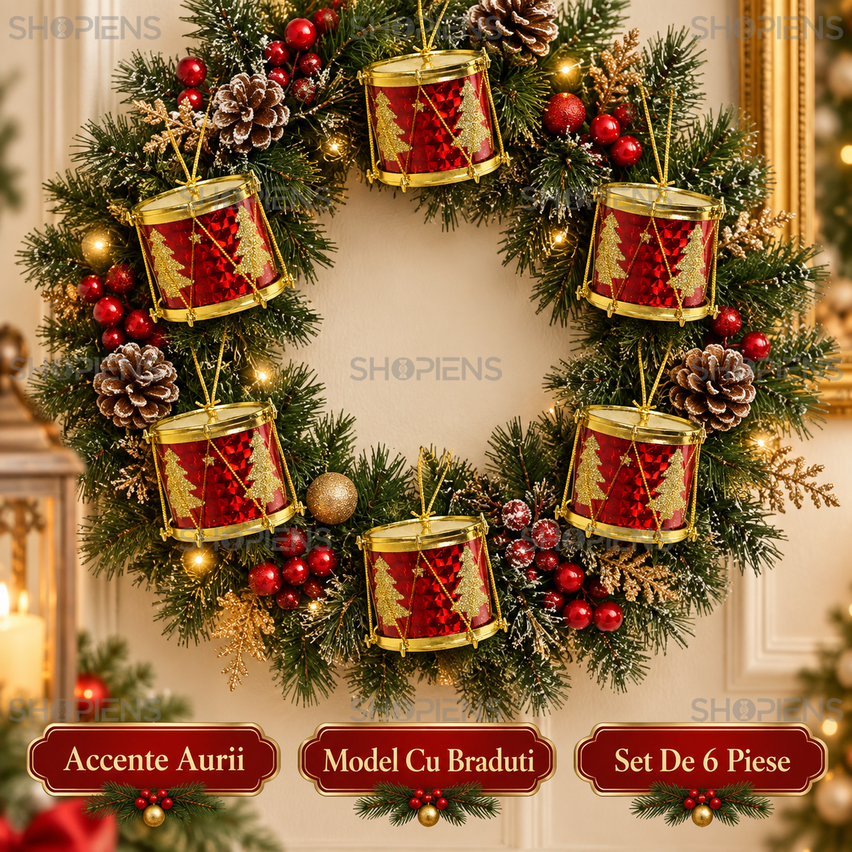 Set 6 Tobe Decorative Rosii Cu Braduti Aurii, 6 Cm - avantaje - Shopiens