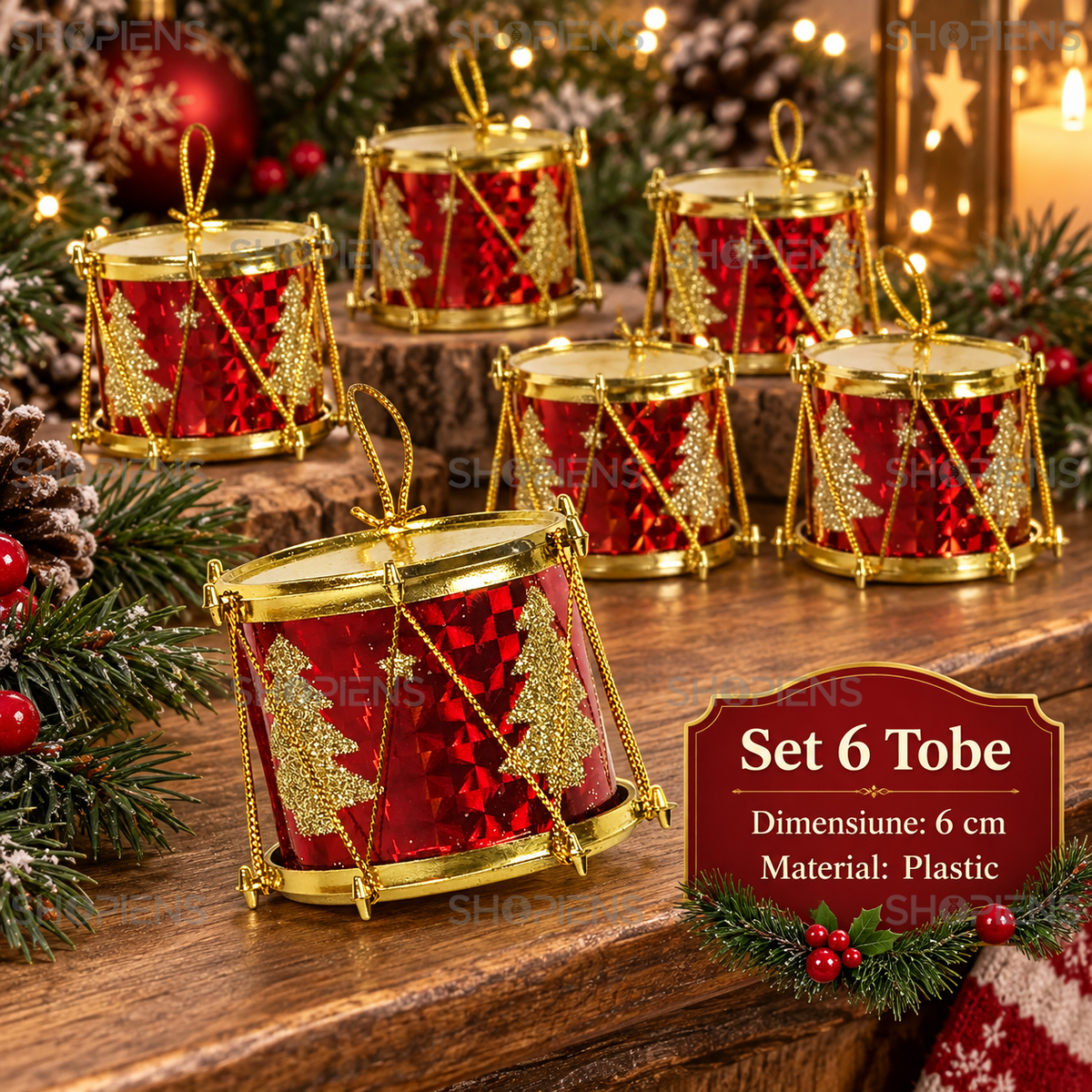 Set 6 Tobe Decorative Rosii Cu Braduti Aurii, 6 Cm - specificatii - Shopiens