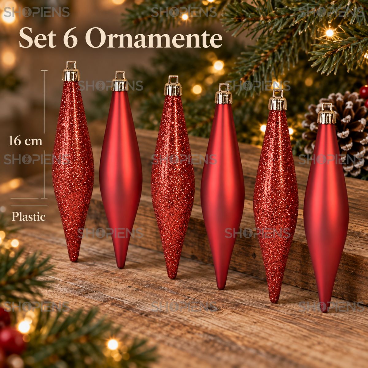 Set 6 Turturi Rosii Decorativi, Mat Si Glitter, 16 Cm - specificatii - Shopiens