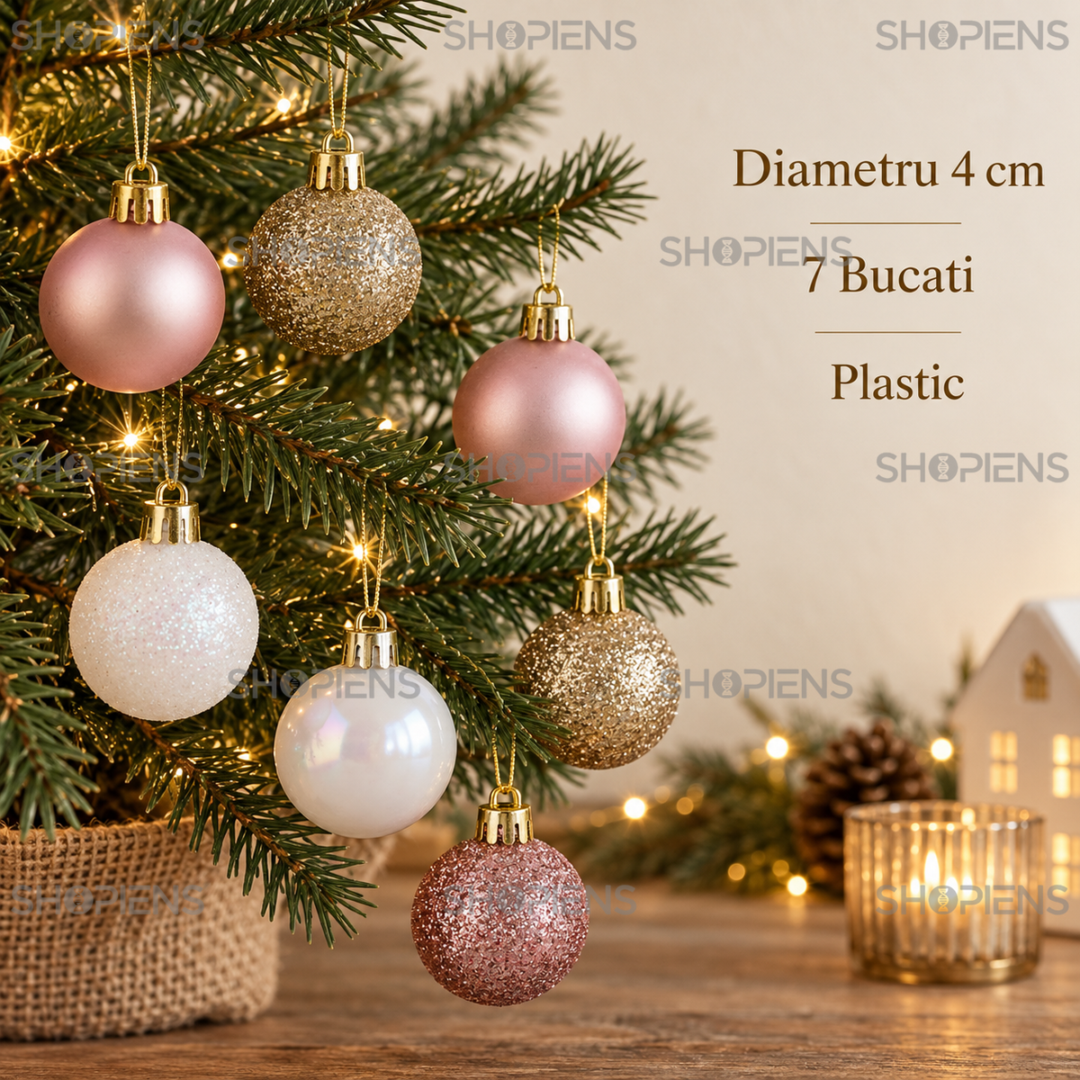 Set 7 Mini Globuri Roz Alb Sampanie 4 Cm - specificatii - Shopiens