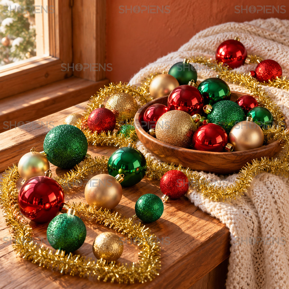Set 79 globuri roșii, verzi și aurii cu ghirlandă, Ø5 și Ø7 cm, aranjament festiv cu globuri, decor neinclus | Shopiens®