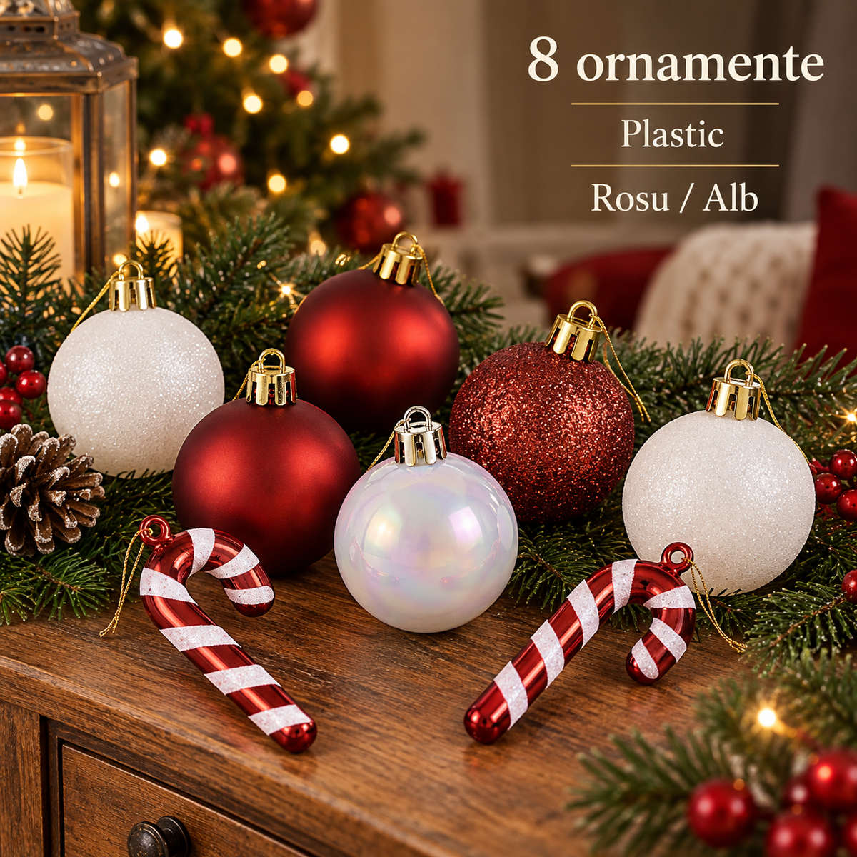 Set 8 Ornamente Candy, Globuri Si Bastonase - specificatii - Shopiens