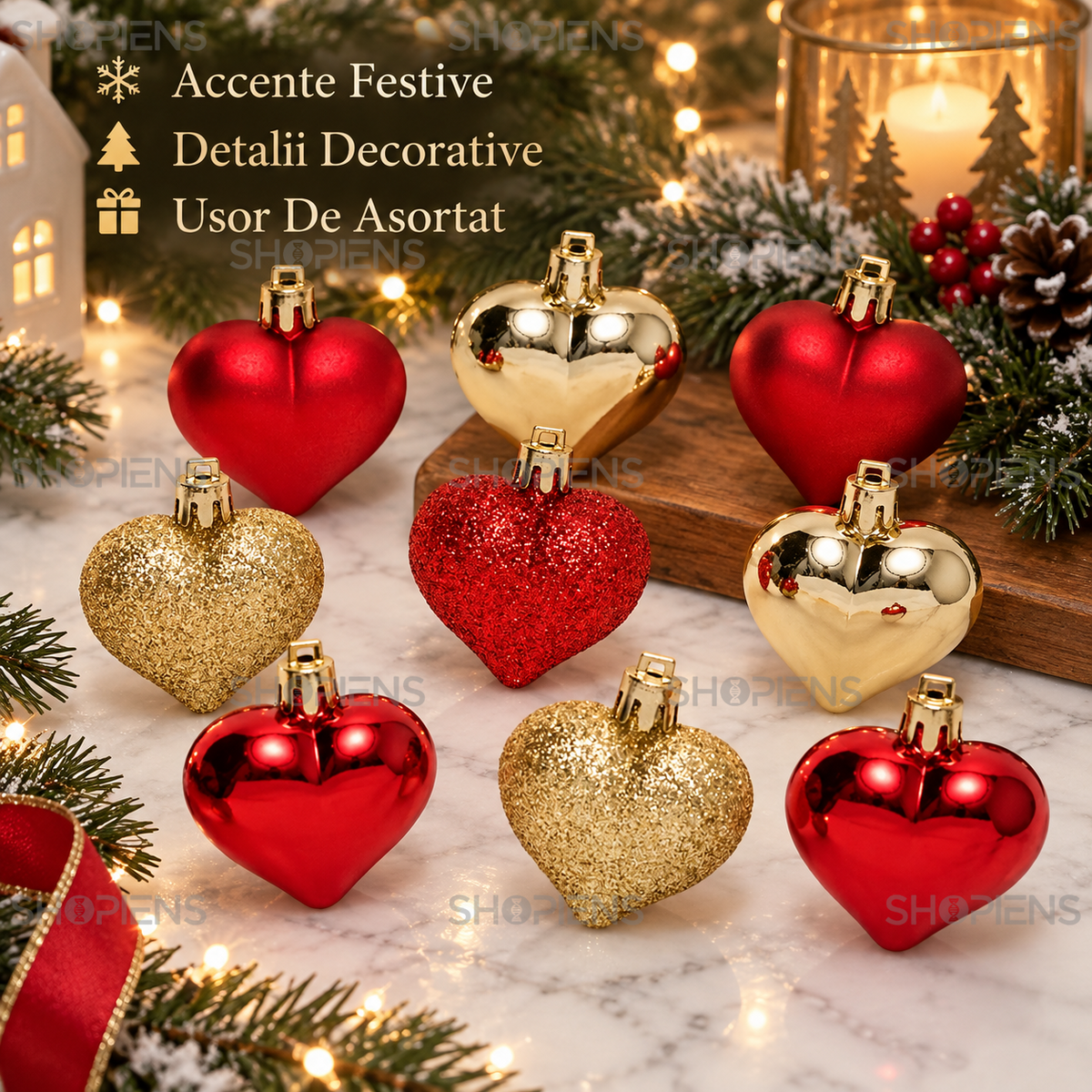 Set 9 Inimi Rosii Si Aurii Cu Finisaje Festive, 5 Cm - avantaje - Shopiens