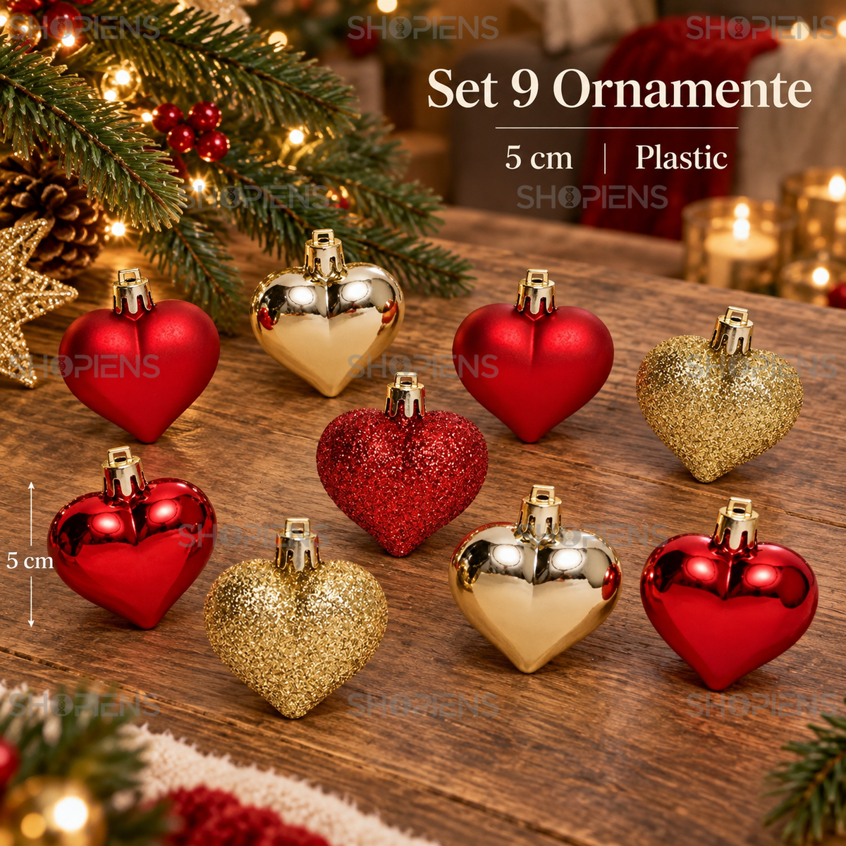 Set 9 Inimi Rosii Si Aurii Cu Finisaje Festive, 5 Cm - specificatii - Shopiens
