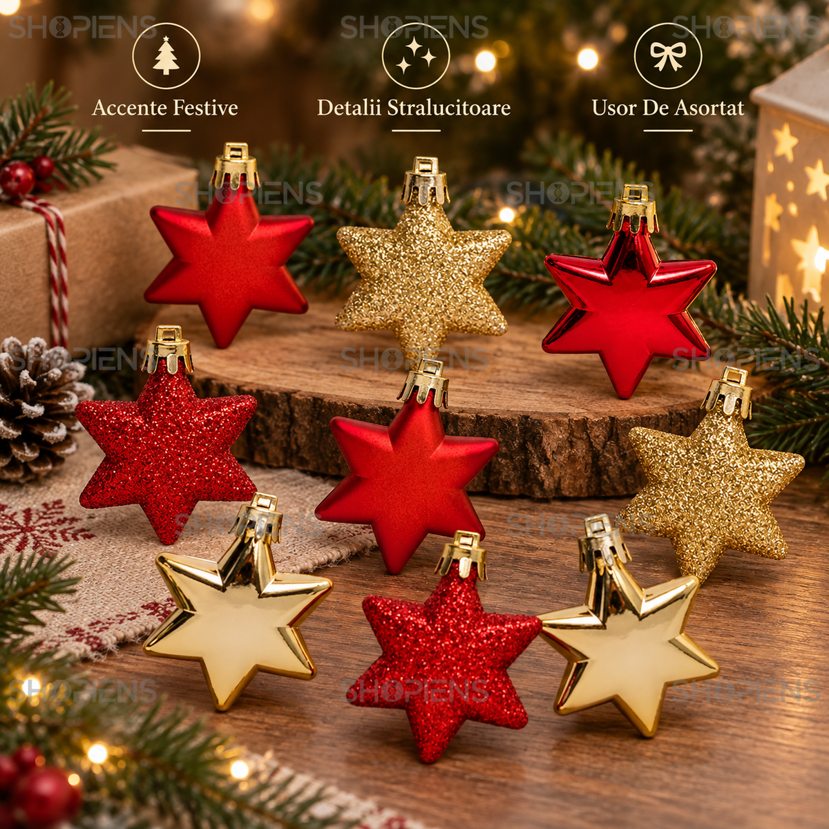 Set 9 Stele Rosii Si Aurii Pentru Brad, 5 Cm - avantaje - Shopiens