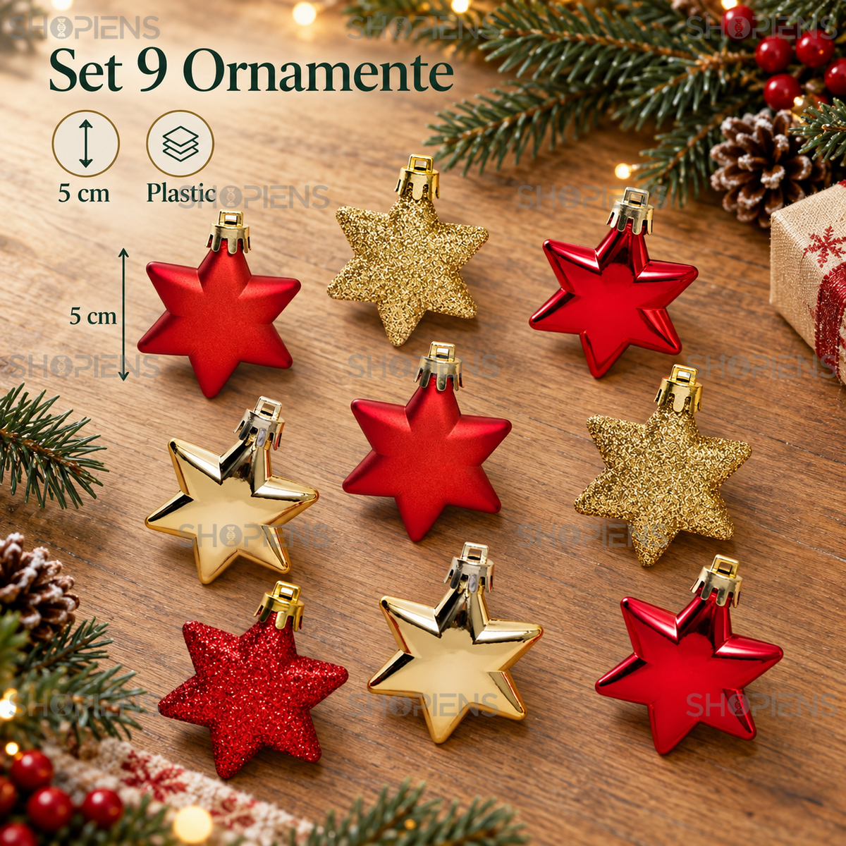 Set 9 Stele Rosii Si Aurii Pentru Brad, 5 Cm - specificatii - Shopiens