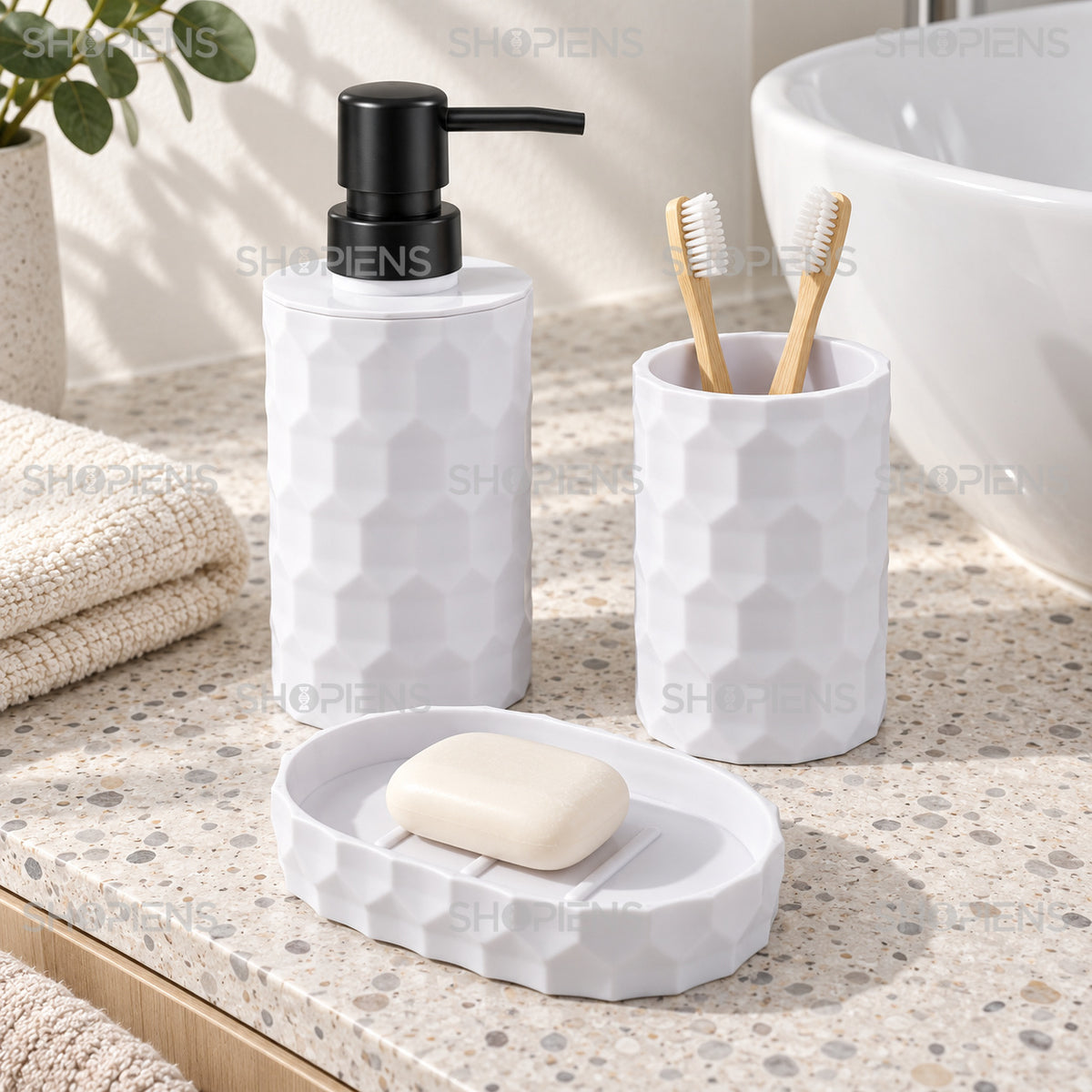 Set de baie alb cu relief fagure, 3 piese