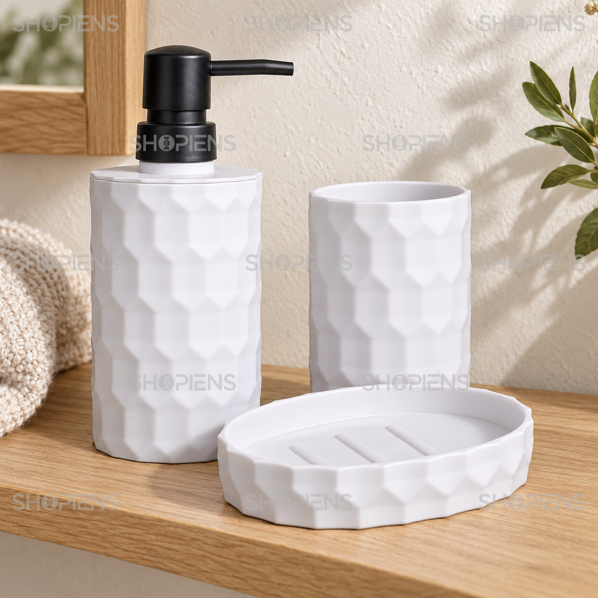 Set de baie alb cu relief fagure, 3 piese