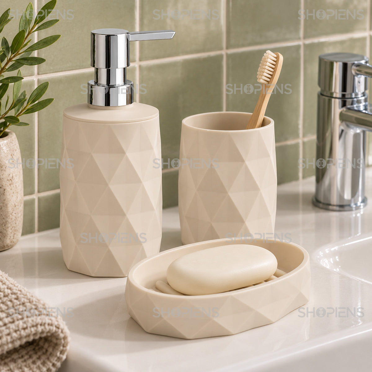 Accesorii de baie bej cu romburi, set 3 piese