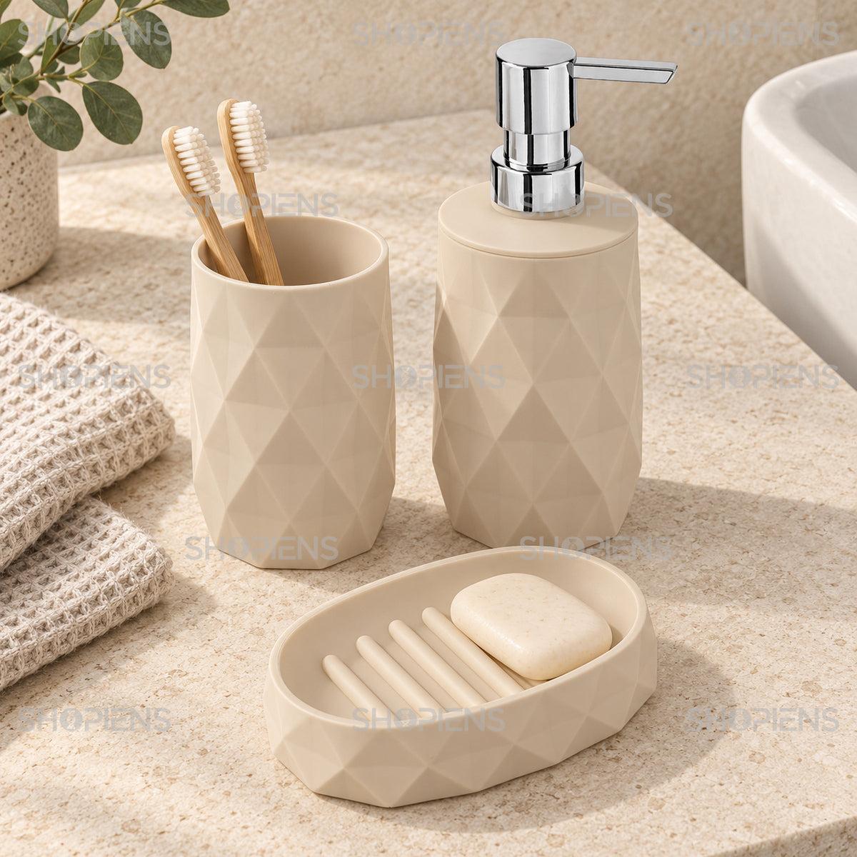 Accesorii de baie bej cu romburi, set 3 piese