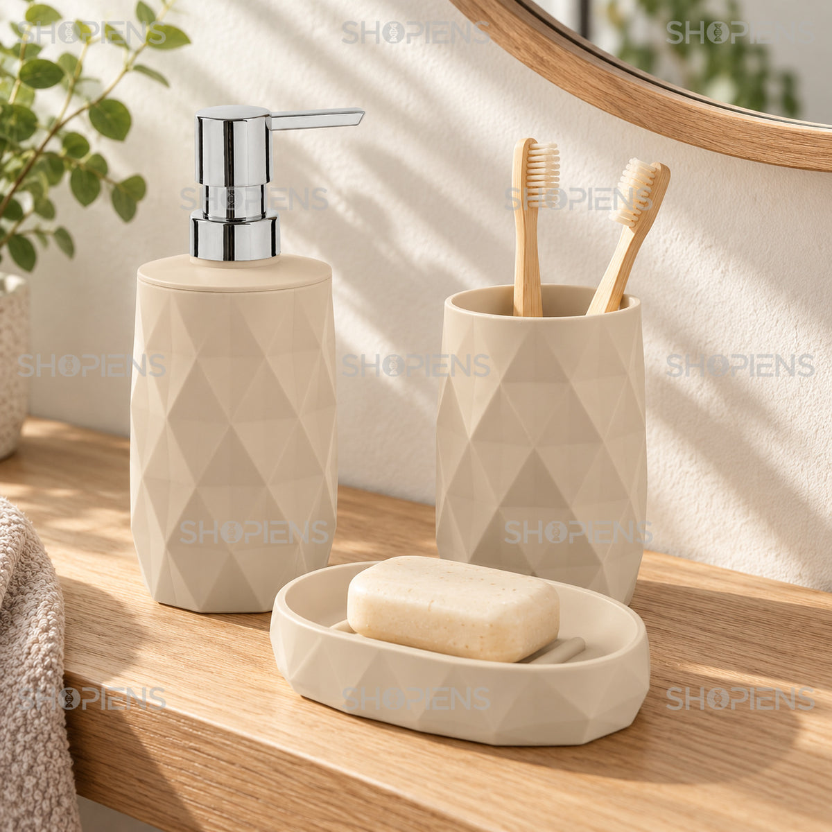 Accesorii de baie bej cu romburi, set 3 piese