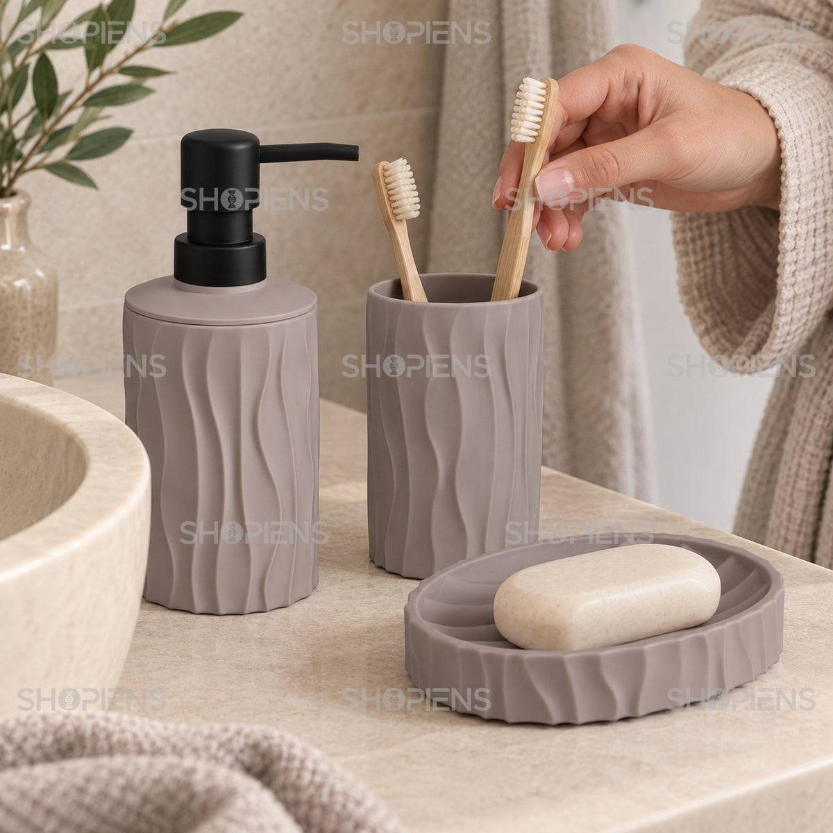 Set de baie taupe cu relief ondulat