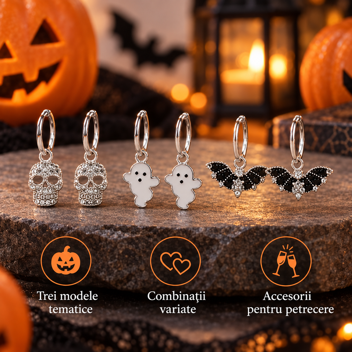 Set Cercei Halloween Craniu, Fantoma Si Liliac - avantaje - Shopiens