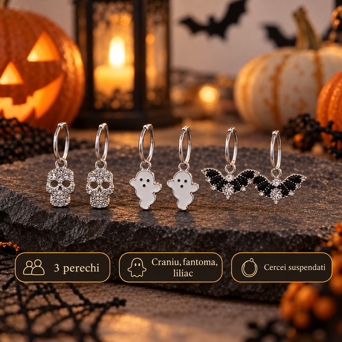 Set Cercei Halloween Craniu, Fantoma Si Liliac - specificatii - Shopiens