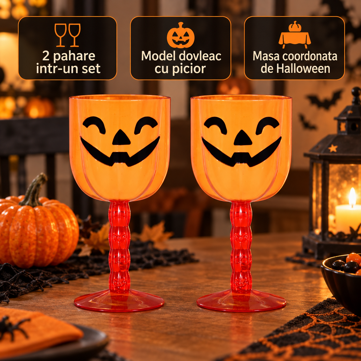 Set De 2 Pahare Dovleac Cu Picior Pentru Halloween - avantaje - Shopiens