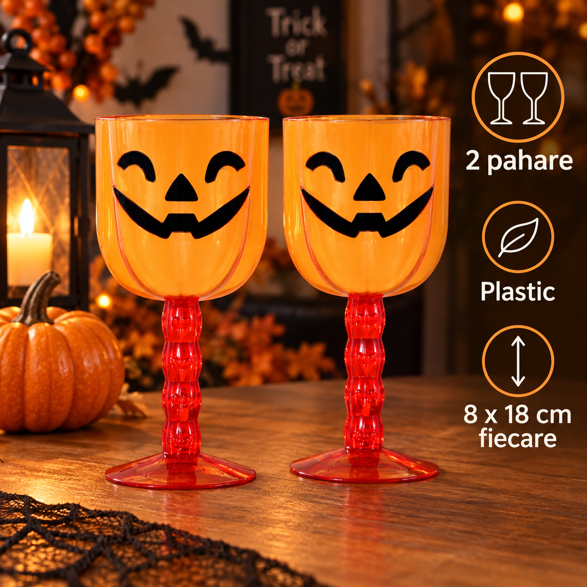 Set De 2 Pahare Dovleac Cu Picior Pentru Halloween - specificatii - Shopiens