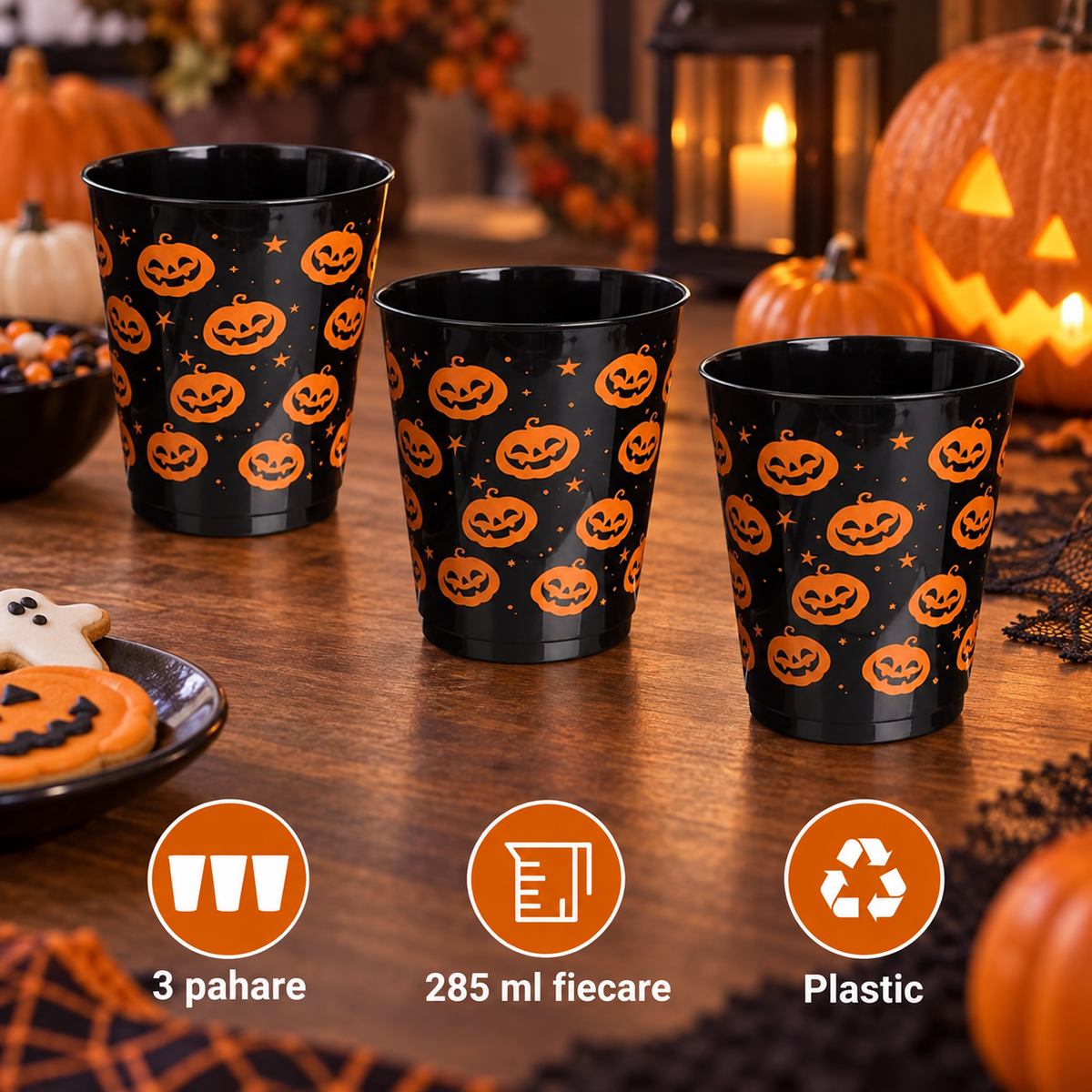 Set De 3 Pahare Negre Cu Dovleci, 285 Ml - specificatii - Shopiens