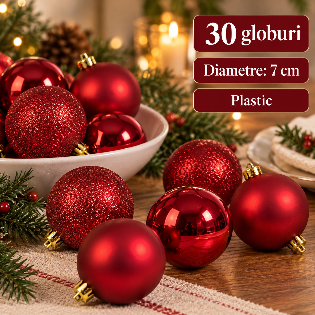 Set De 30 Globuri Rosii De 7 Cm, Eleganta De Craciun - specificatii - Shopiens