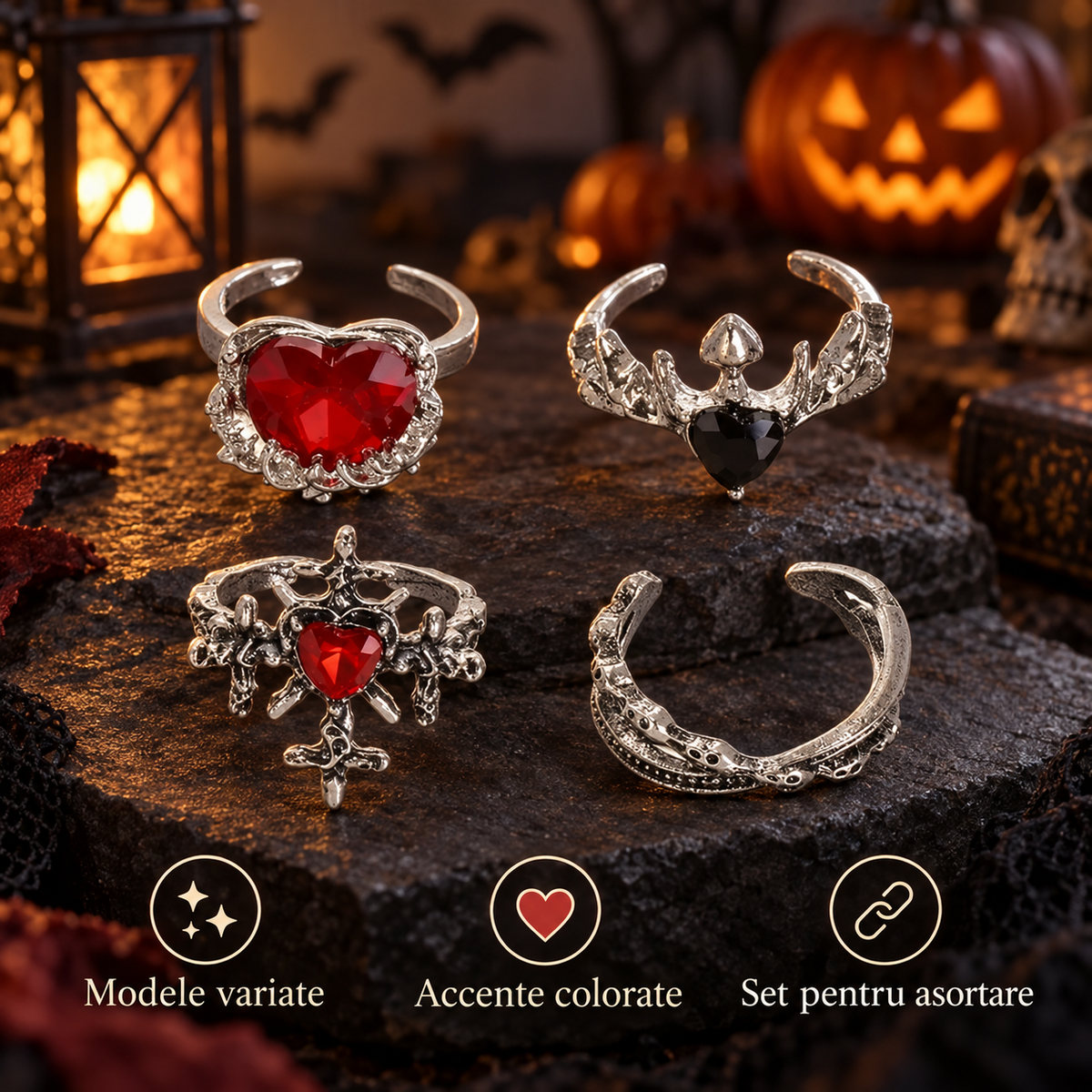 Set De 4 Inele Gotice Cu Pietre Rosii Si Negre - avantaje - Shopiens