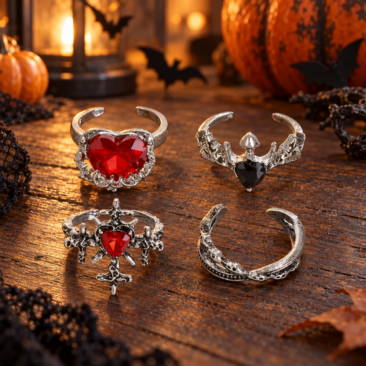 Set De 4 Inele Gotice Cu Pietre Rosii Si Negre - lifestyle principala - Shopiens