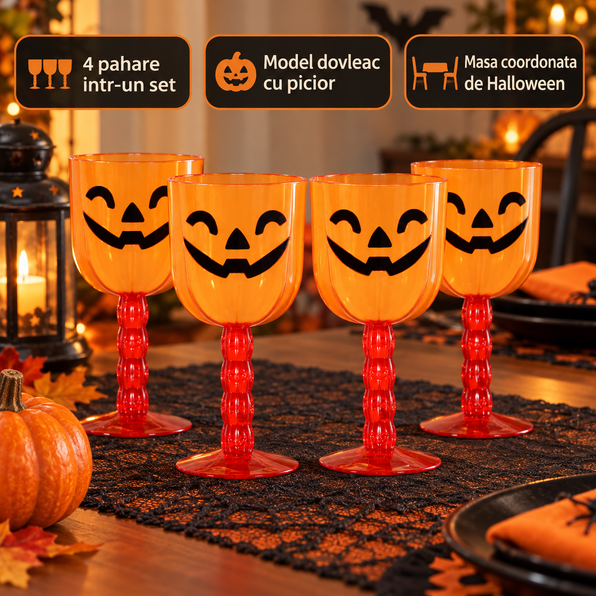 Set De 4 Pahare Dovleac Cu Picior Pentru Halloween - avantaje - Shopiens