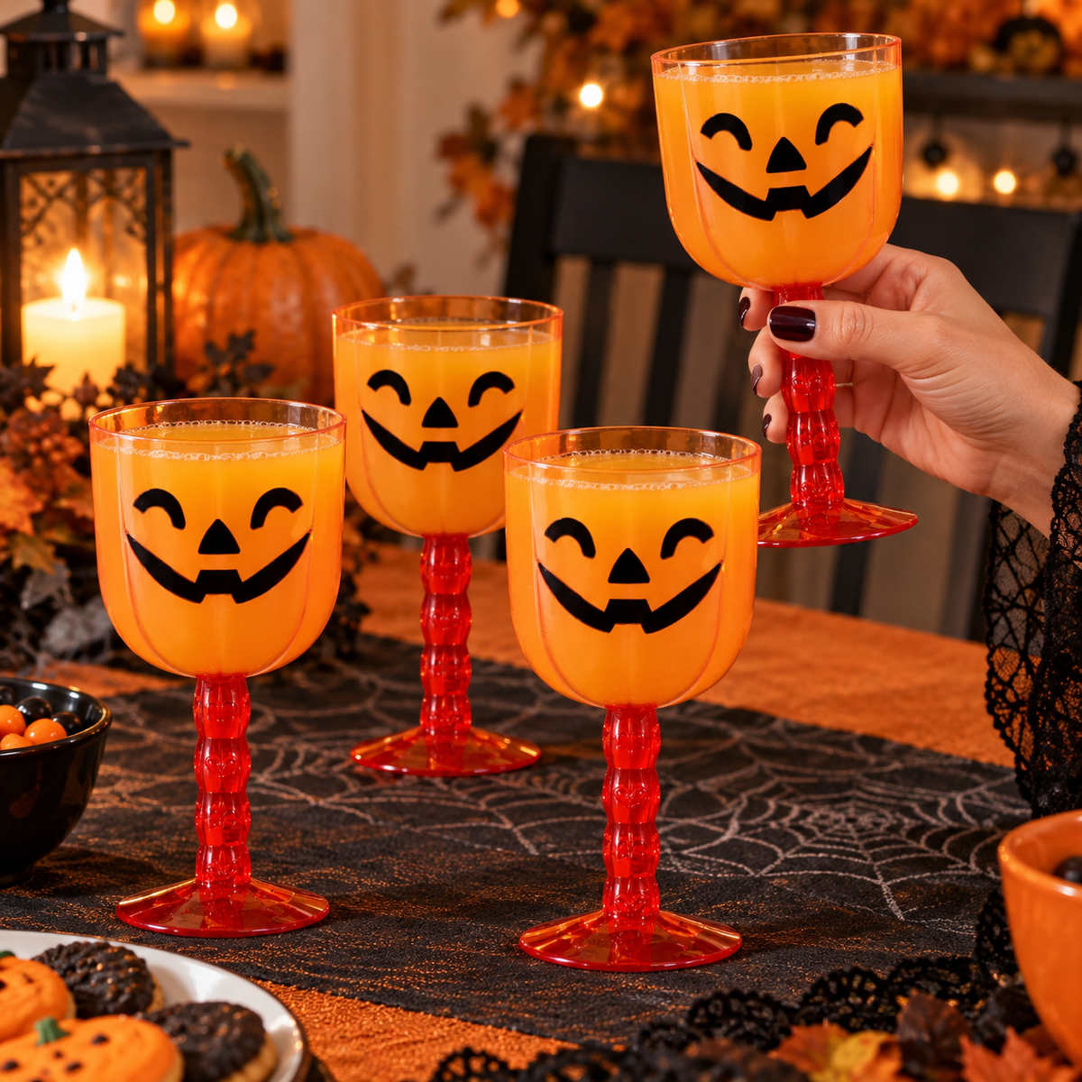 Set De 4 Pahare Dovleac Cu Picior Pentru Halloween - in folosinta 1 - Shopiens