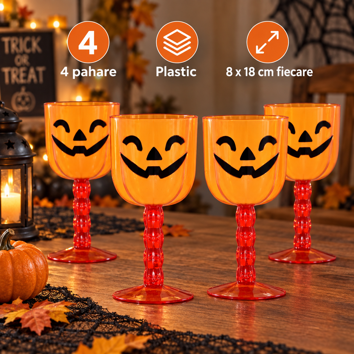 Set De 4 Pahare Dovleac Cu Picior Pentru Halloween - specificatii - Shopiens