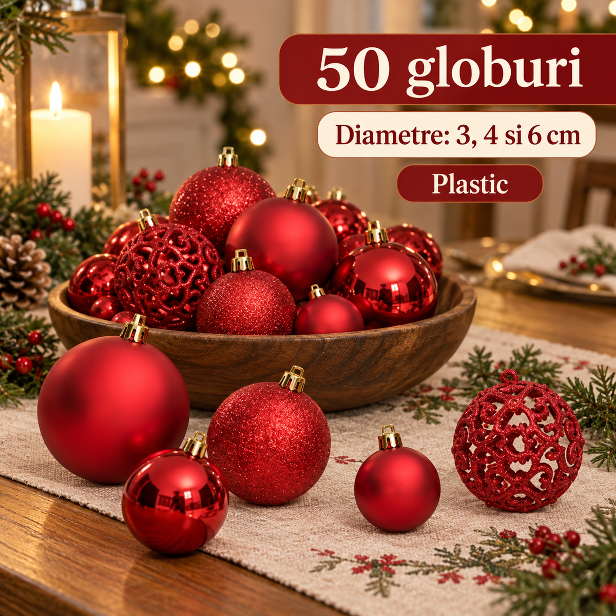 Set De 50 Globuri Rosii Pentru Un Brad Festiv - specificatii - Shopiens