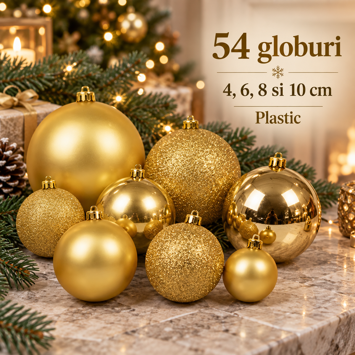 Set De 54 Globuri Aurii Pentru Un Brad Luminos - specificatii - Shopiens