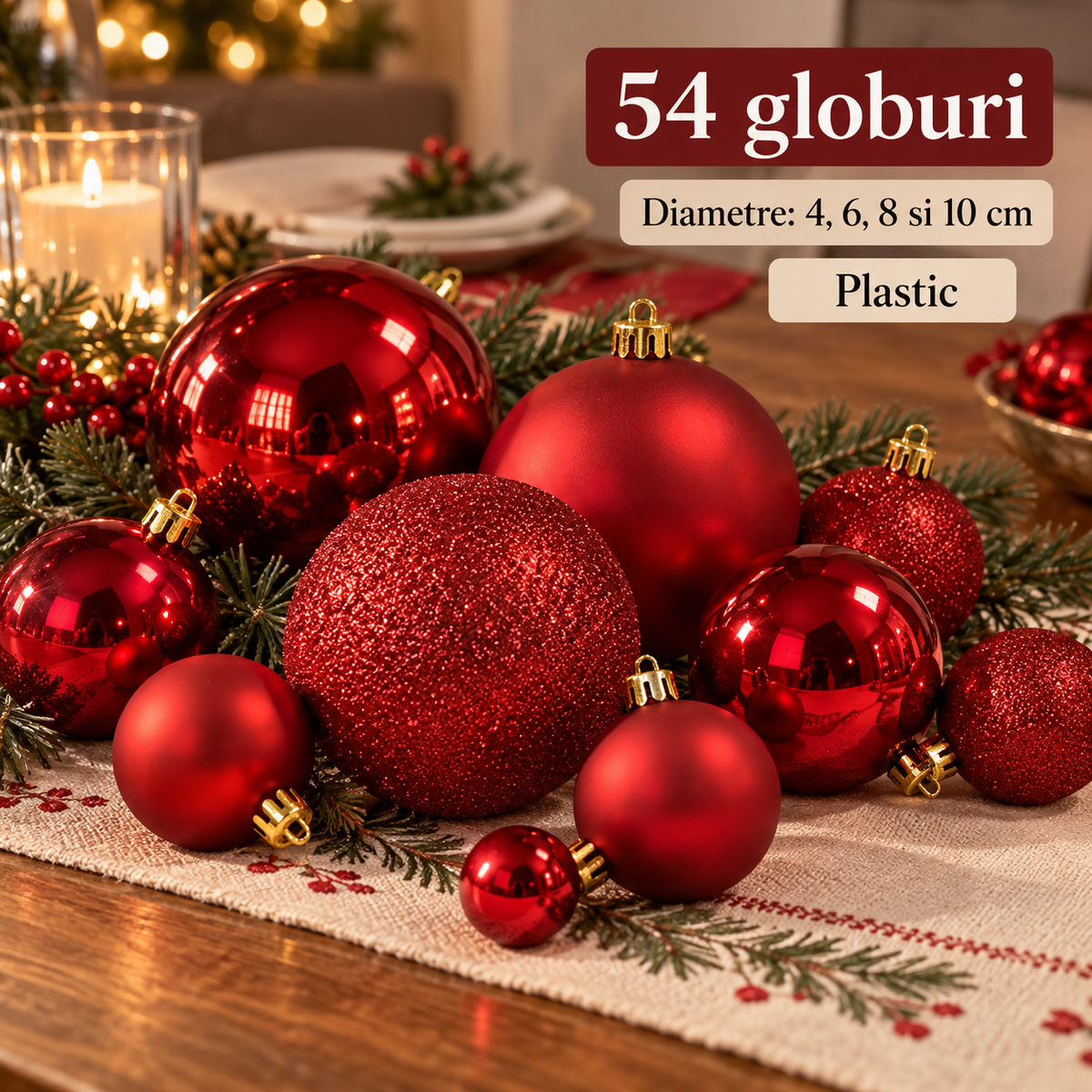 Set De 54 Globuri Rosii In Patru Marimi, Decor Festiv - specificatii - Shopiens