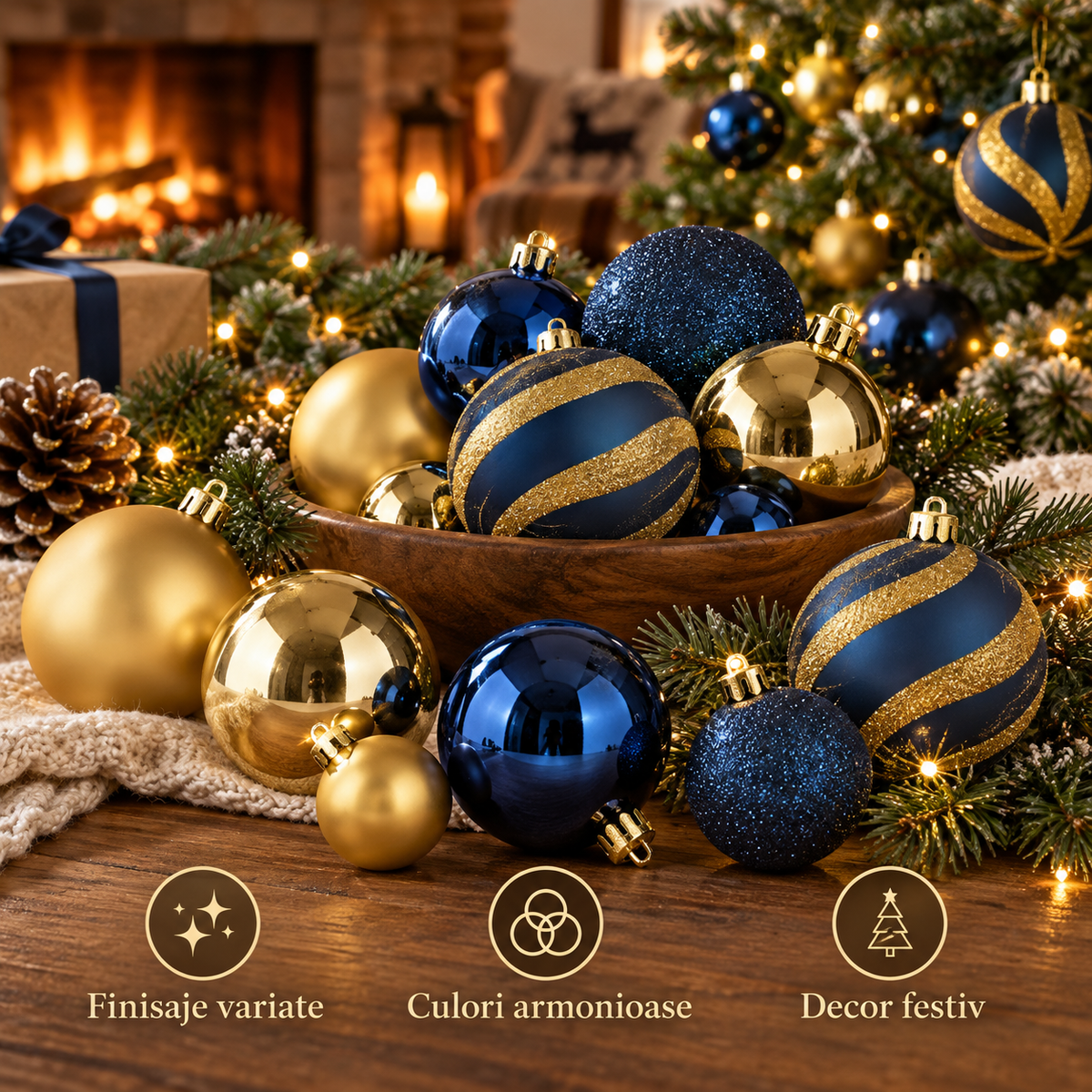 Set De 55 Piese Albastre Si Aurii - Decor De Iarna - avantaje - Shopiens